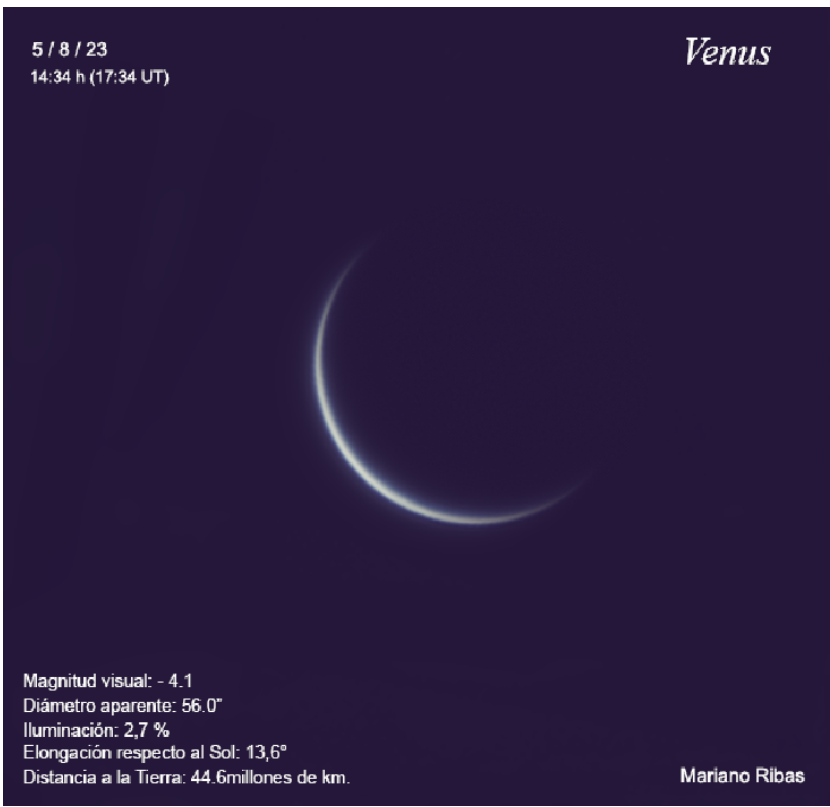 Srpek Venuše 5.srpna 2023, 17h 34m UT, viz. mag. -4.1, elongace 13.6st., Mariano Ribas.png