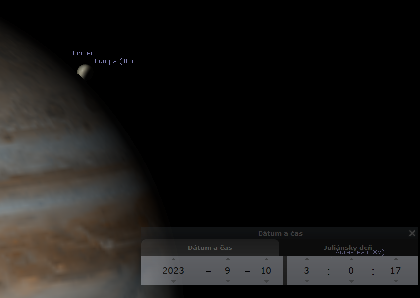 Jupiter a Europa vystup z tieňa, Stellarium..png