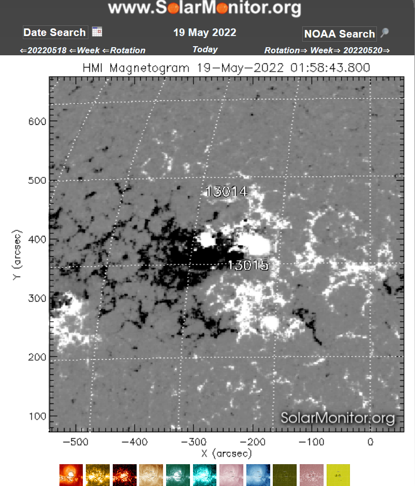 Magnetogram AR 3015 a AR3014, 01h 58m UT , 19.5.2022, SolarMonitor.png