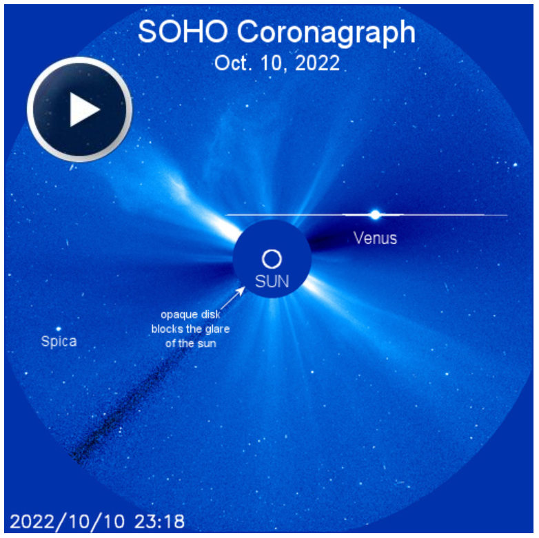 CME, Venuše a Spika na záznamu SOHO Coronograph, 10.října 2022, 23h 18m UT.png