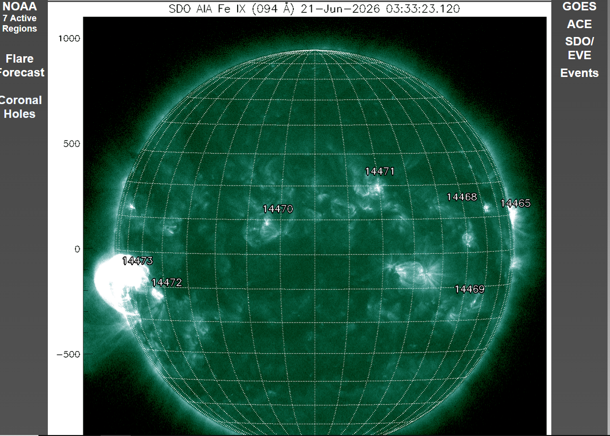 Chromosféra v pásmu Fe IX, 0.94Ä, 21.6.2026, 03h 33m UT, SDO AIA.png